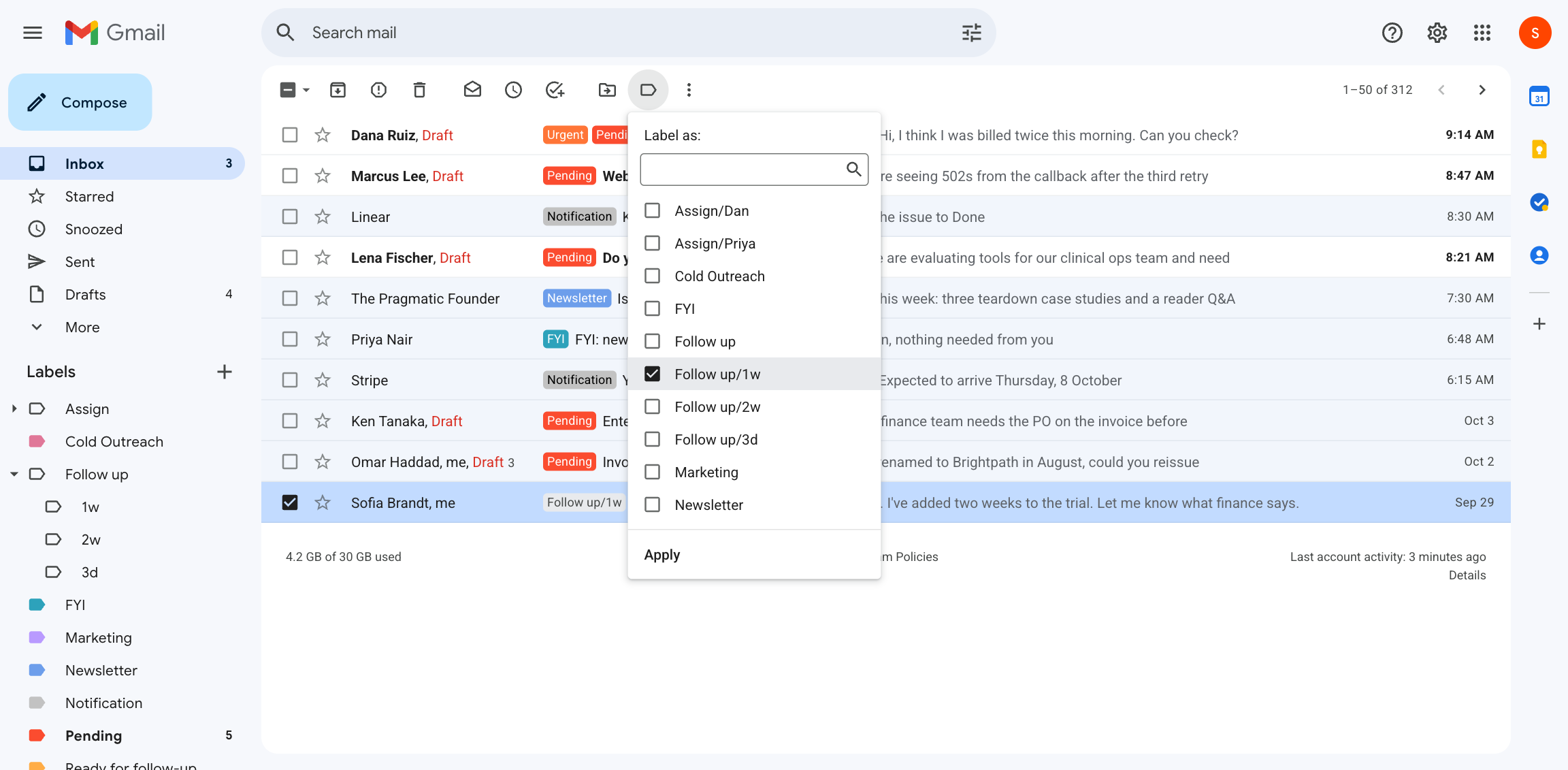 Arming a thread: add a Follow up label in Gmail