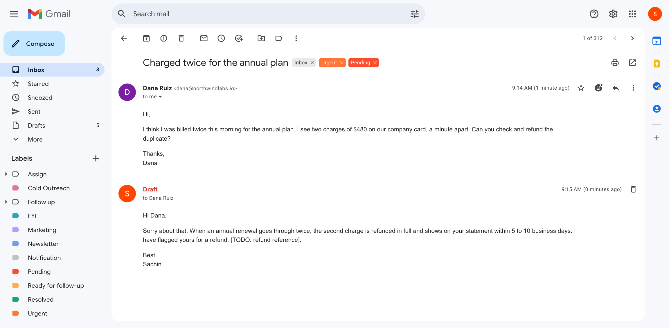 A reply draft waiting inside the Gmail thread