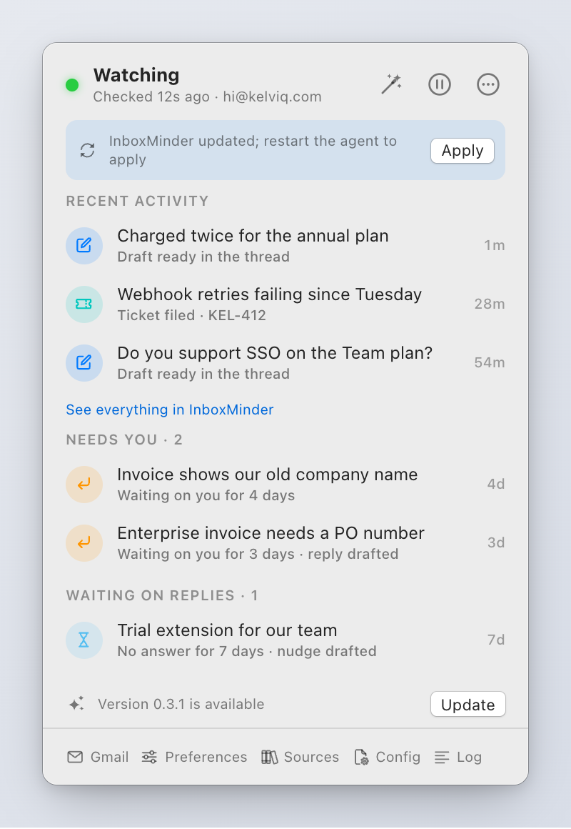 A new version, and the agent restart after an update, in the menu bar