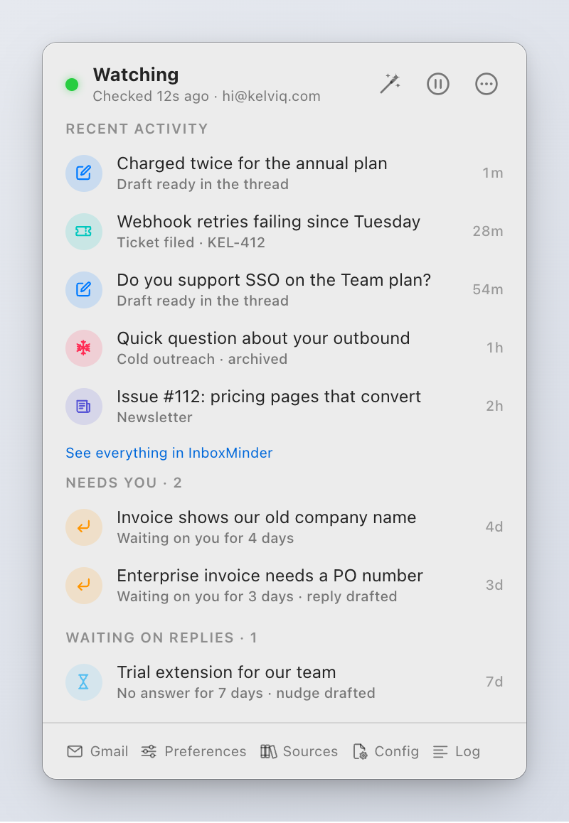 The panel: recent activity, Needs you, Waiting on replies, and the footer actions