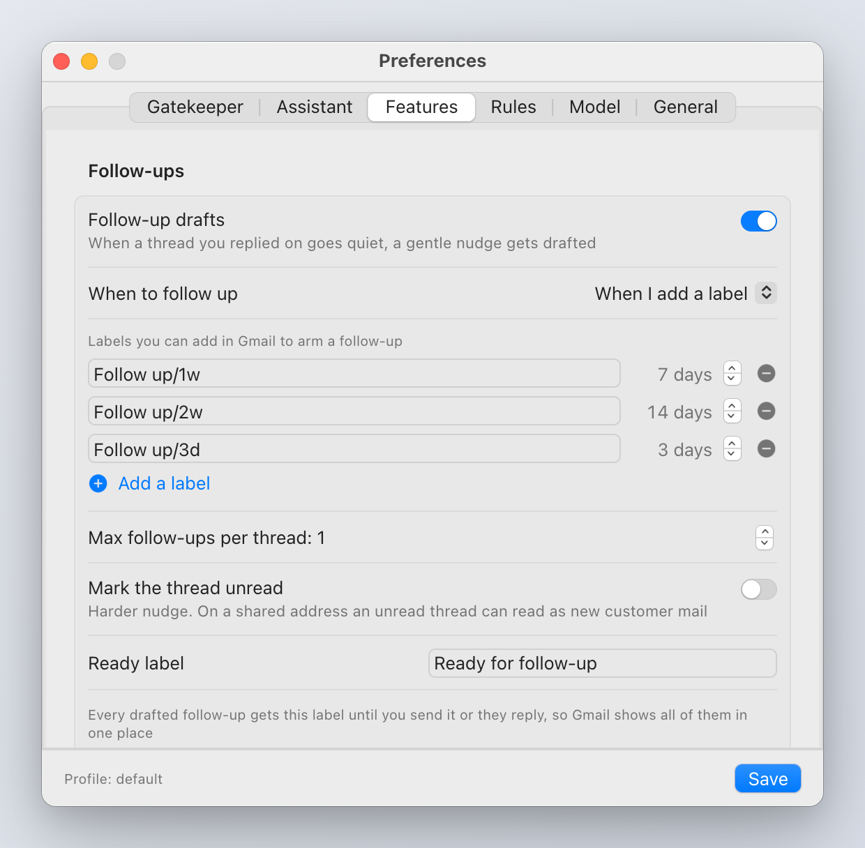 Follow-up settings in Preferences → Features