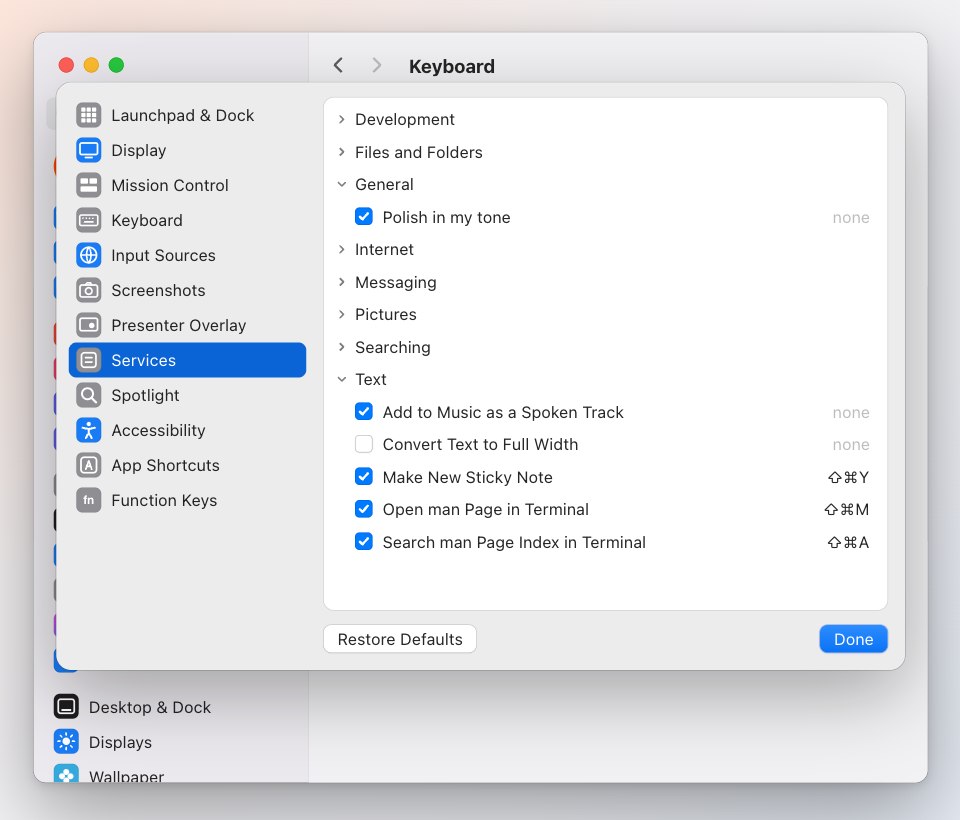 System Settings → Keyboard → Keyboard Shortcuts → Services: the Service, ticked, ready for a shortcut