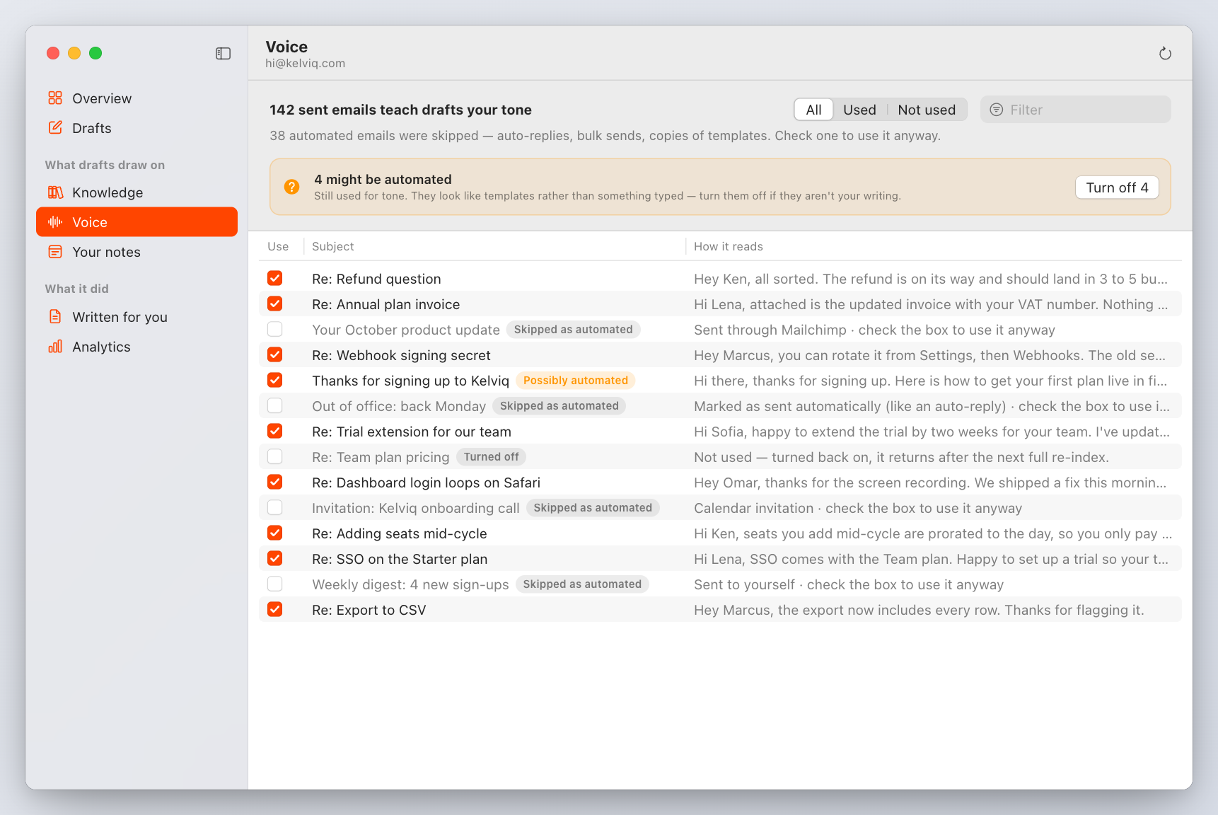 Voice: automated mail is skipped with its reason