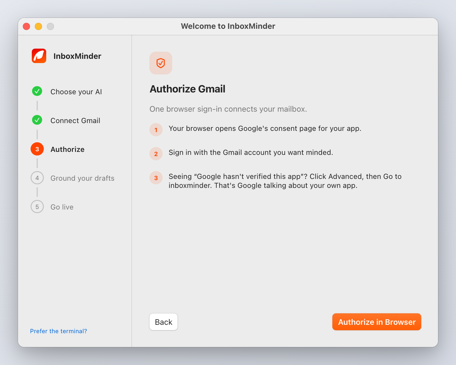 Authorize Gmail: one browser sign-in