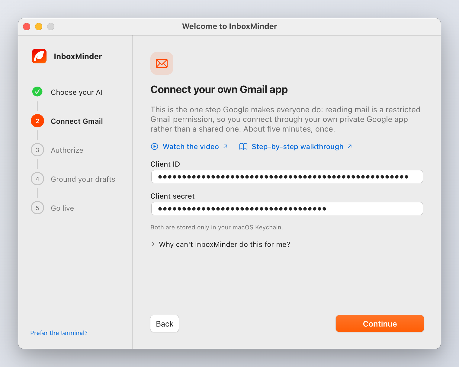 Connect your own Gmail app: paste the Client ID and Client secret